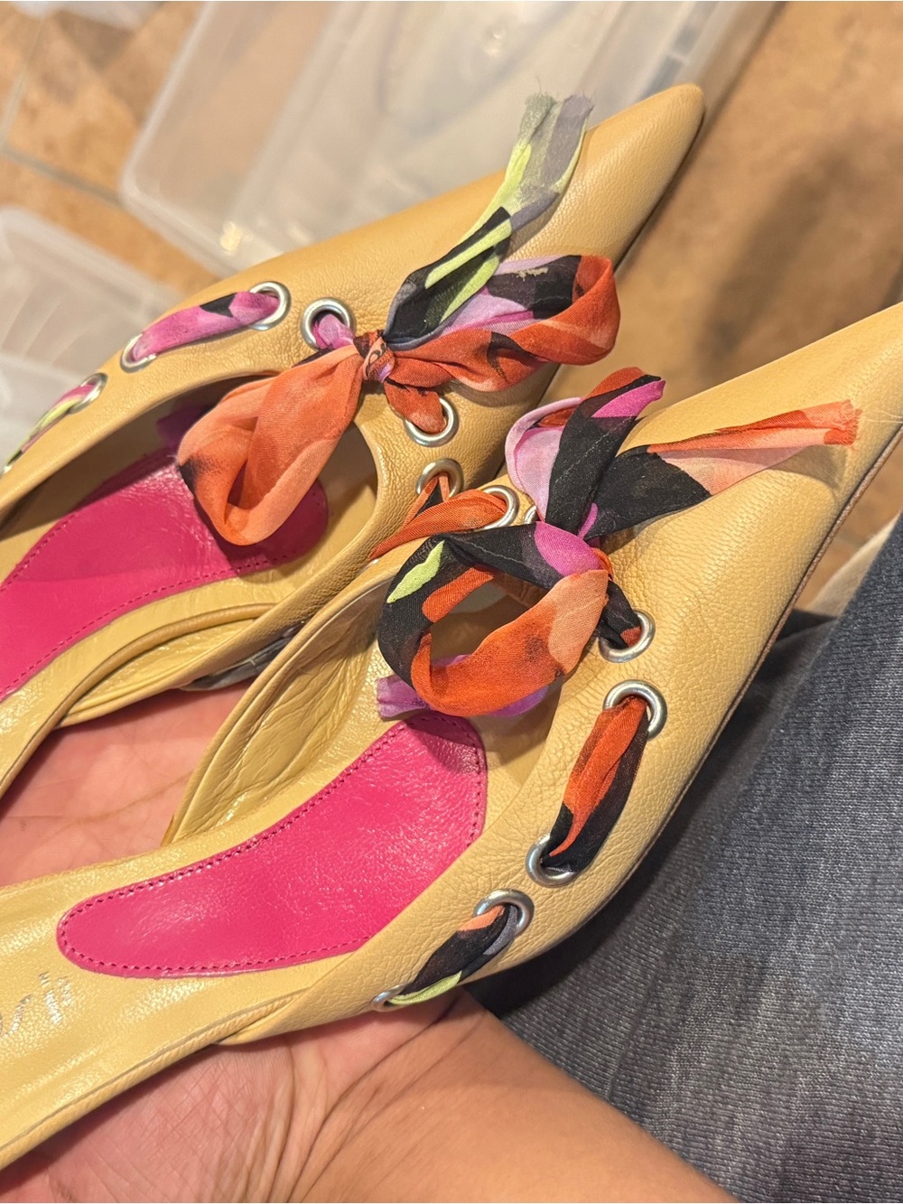Byblos Tan Pointed Flats with Multicolor Scarf Tie